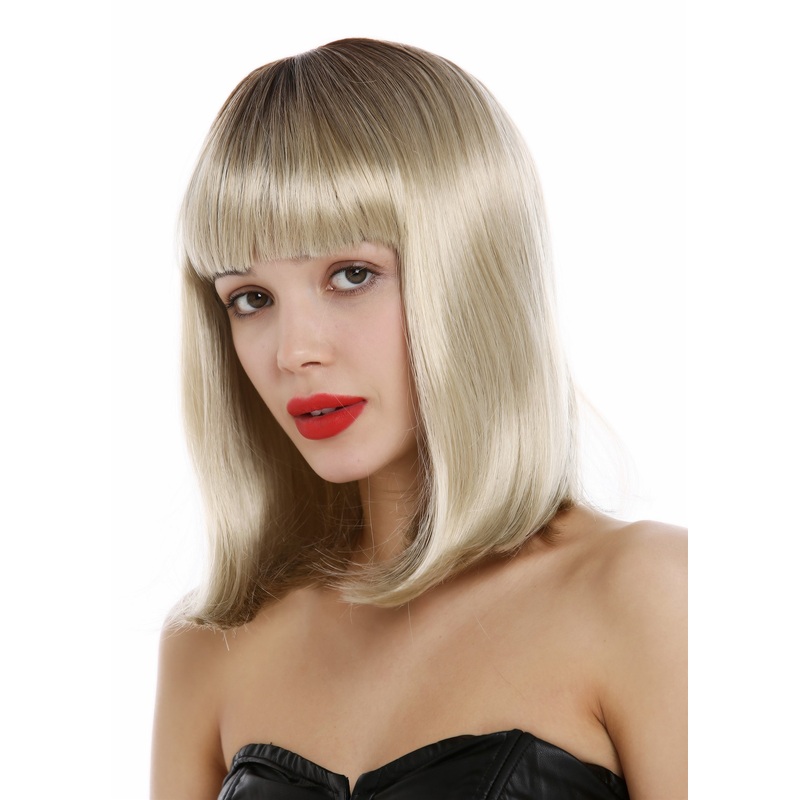 Longbob Lady wig sleek femme fatale clavi cut bangs ombre dark brown blond VK-39