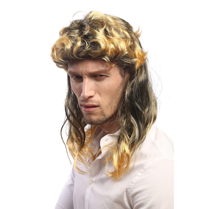 Wig Ladies Men Halloween mullet 80s black gold blond highlight curly wavy AD-017