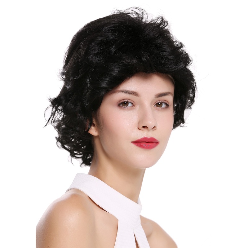 Lady women wig short wild teased voluminous quiff backcombed 80s black M-270