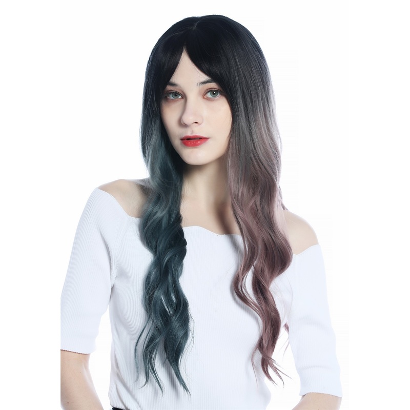 Ladies’ Wig long wavy ombre black asymmetrical colours grey-blue dark pink C8259