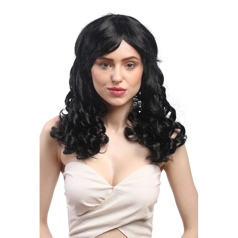 Lady Party Wig long baroque colonial ringlets curls coils bangs black XR-007-P103