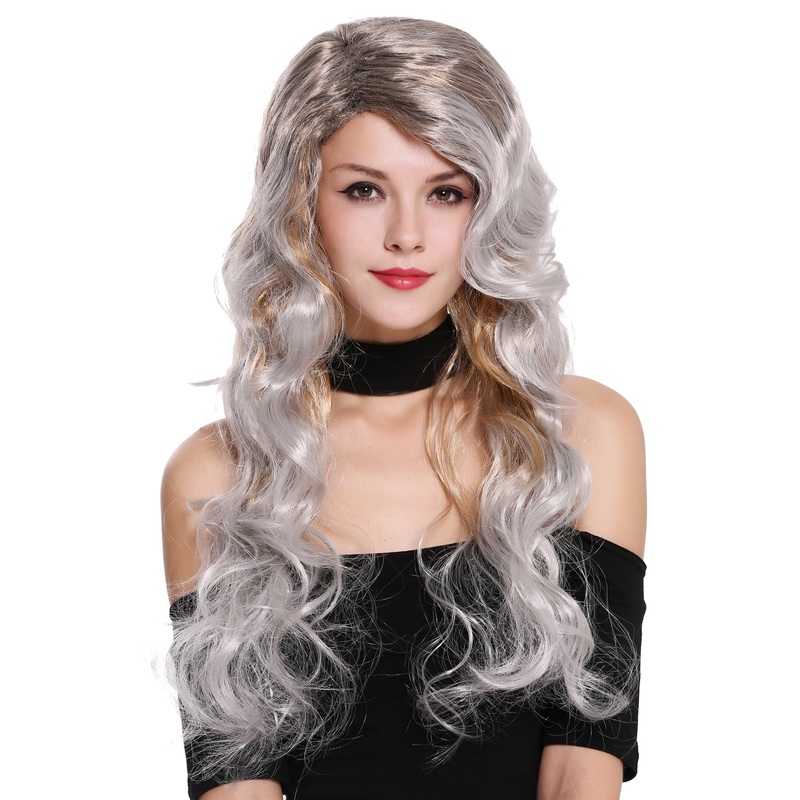 Lady party wig very long wild colours black gray blond Diva Vamp 91577
