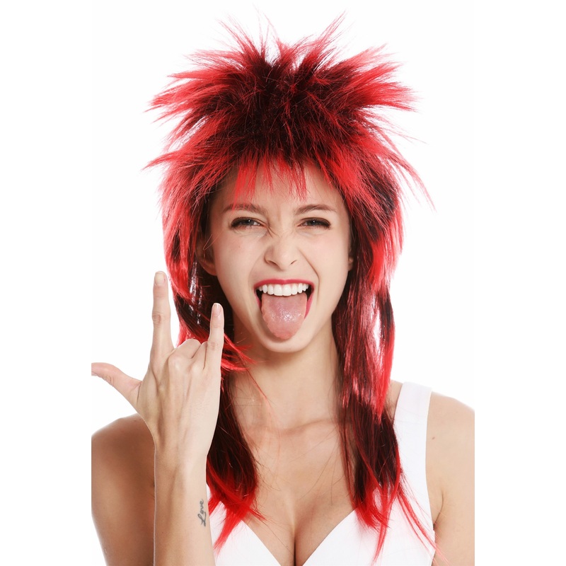 Party wig carnival punk mullet rocker wild 80’s wave long black red DH1069