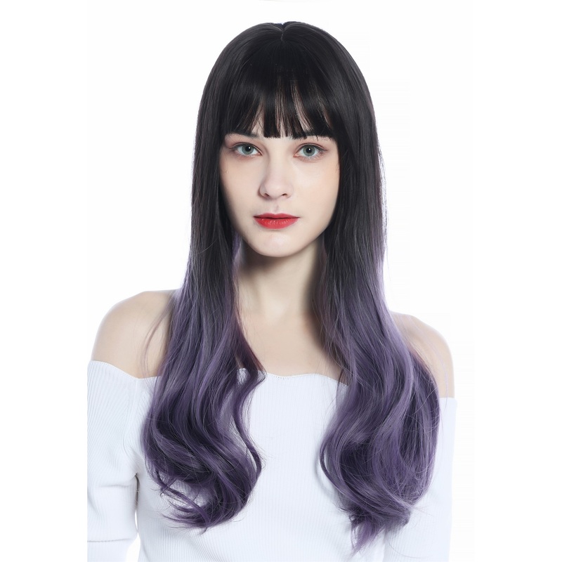 Women’s Wig lady long straight bangs ombre brown to violet tips C8270