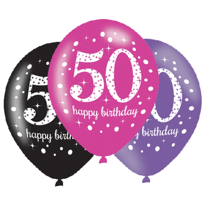 Black Pink Purple 50th Birthday Latex Balloons – 6 Pack
