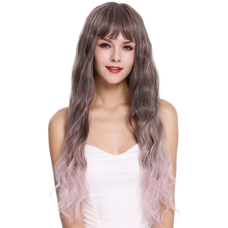Lady wig fringe very long wavy curly grey brown purple Balayage ombre mix DL-003