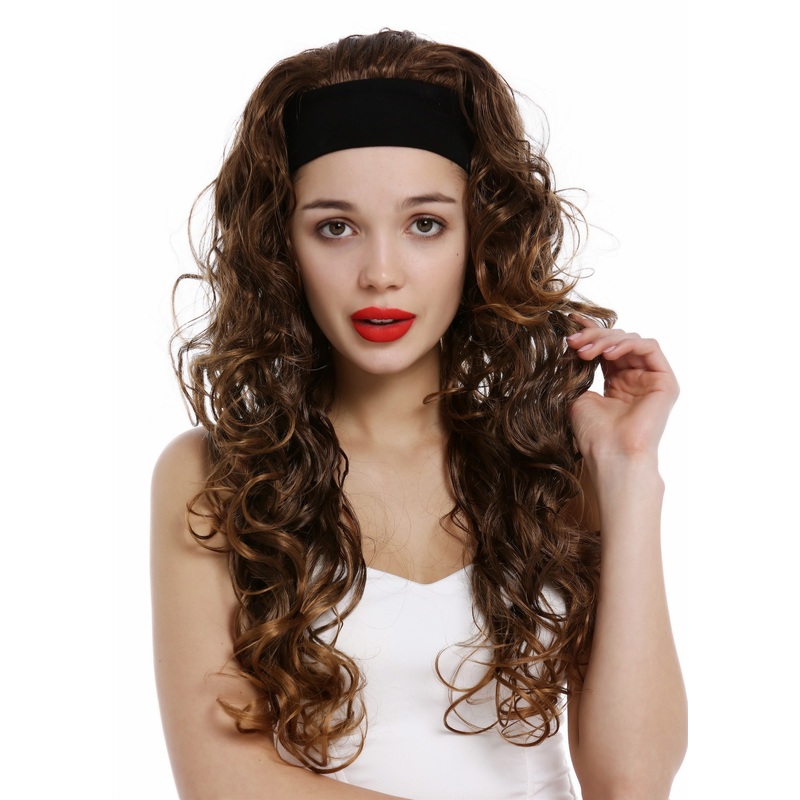 Lady wig headband long curled curly volume curls brown blond highlights VK-27