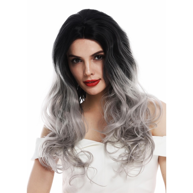 Lady wig lace front long curls curly middle parting ombre black grey TYM-909-LF