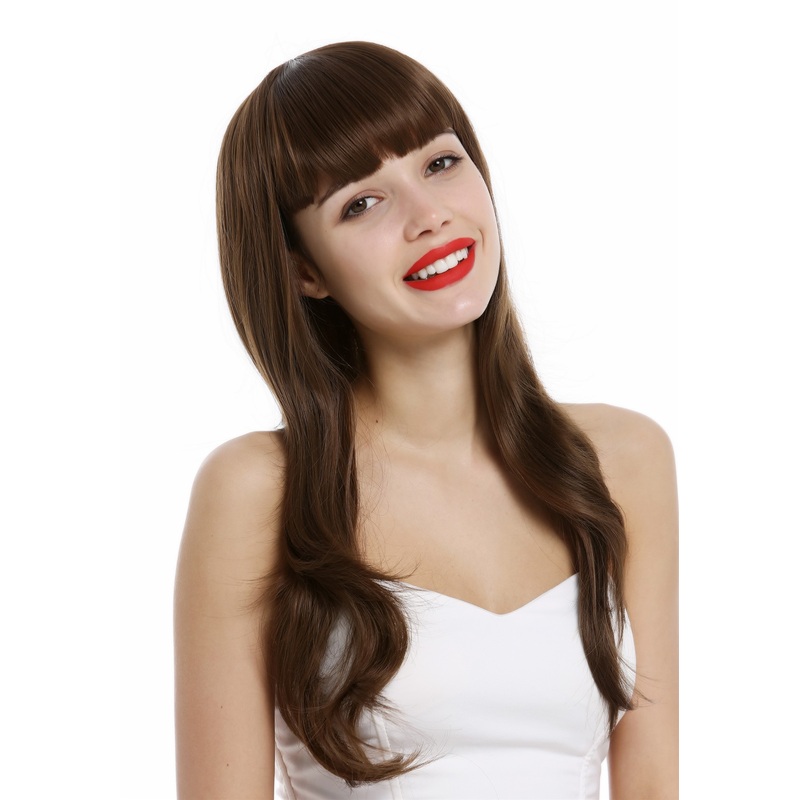 Lady wig long wavy wide bangs 60s vintage retro style medium brown st20120021
