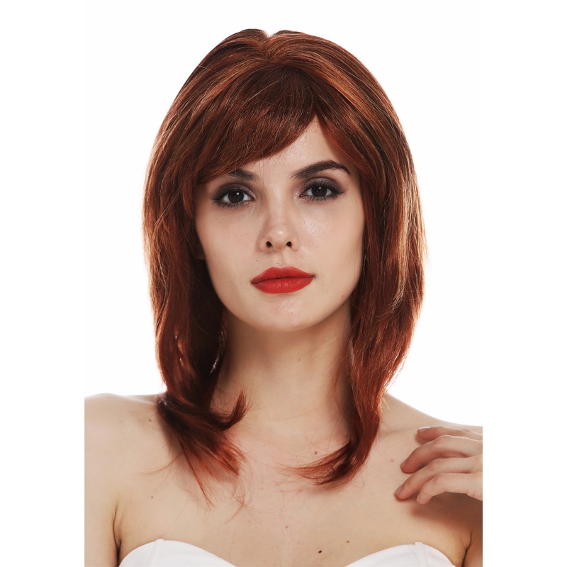 Monofilament lady wig shoulder length sleek parting red black blonde TYM-366-MT