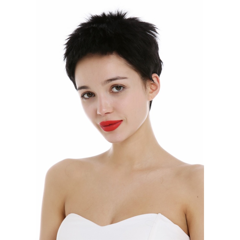 Wig Human Hair Women Men short frayed spiky 80s style Pixie bangs black M276 HH