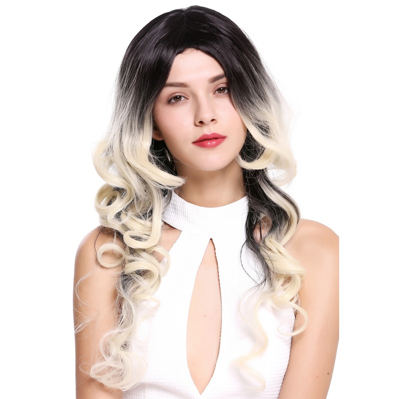 Lady Wig Diva long curled ombre black platinum blond middle parting ZM-1668