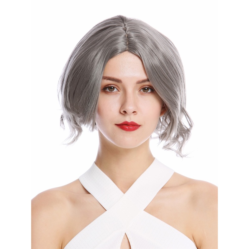 Lady wig short Longbob Bob middle parting wavy gray grey ashen YZF-4359