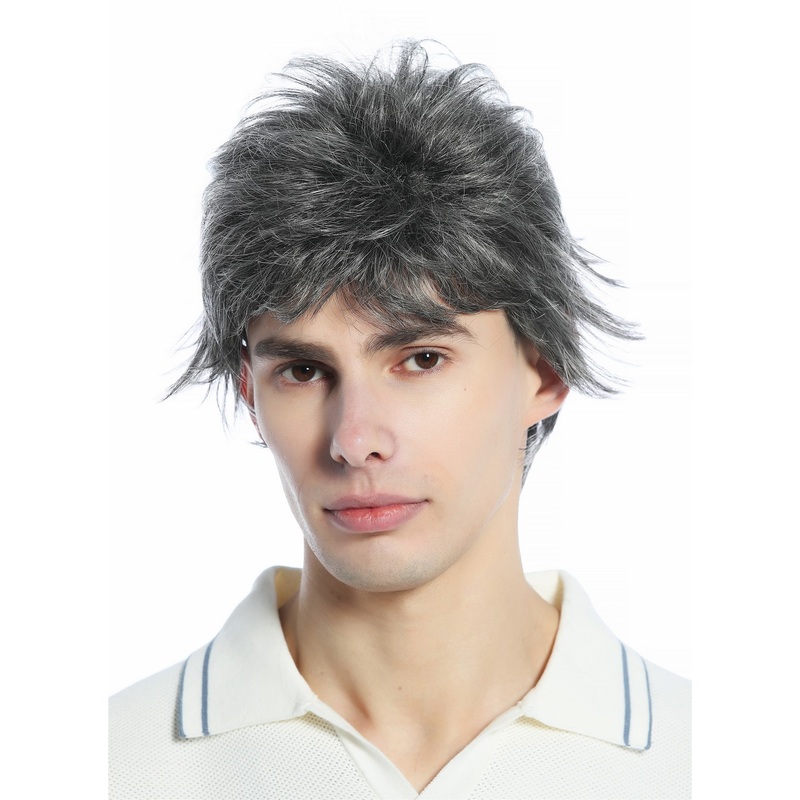 Wig Men Women short wild unkempt 80s retro style dark brown grey mix M-252A