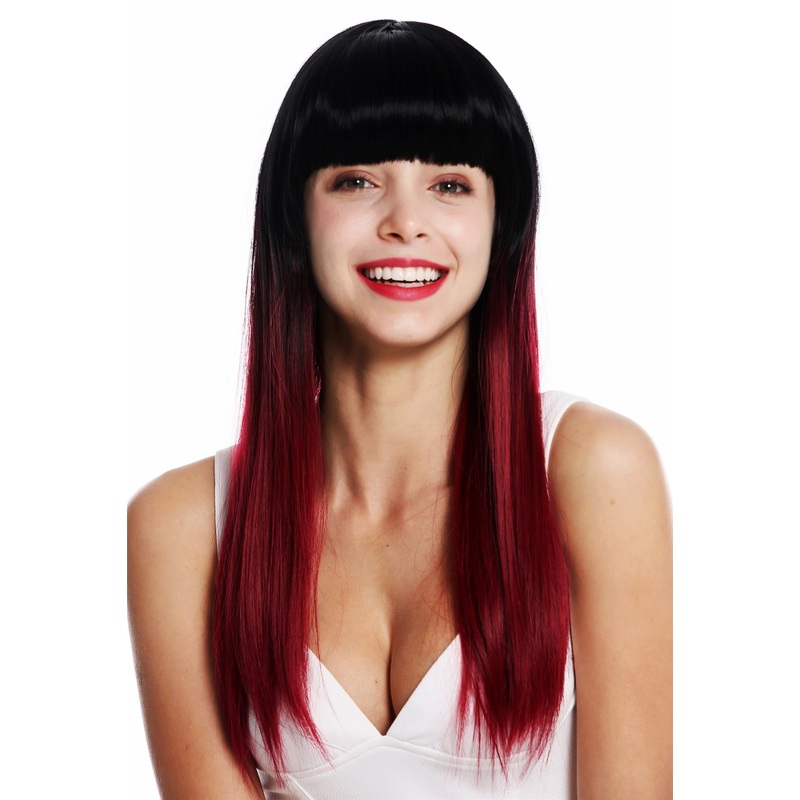 Women’s wig lady wig long sleek fringe balayage ombre mix black red 8954