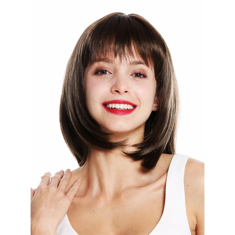 Women’s wig long straight layered wavy medium brown long fringe bangs VK-28