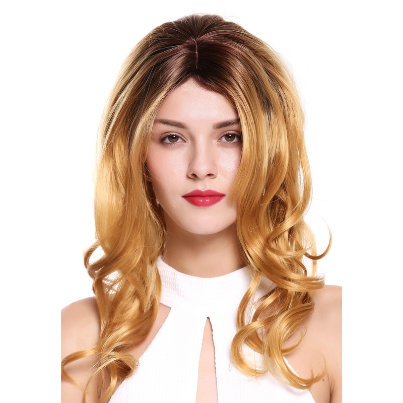 Women’s wig long wavy soft curls middle parting ombre brown blonde DW1595