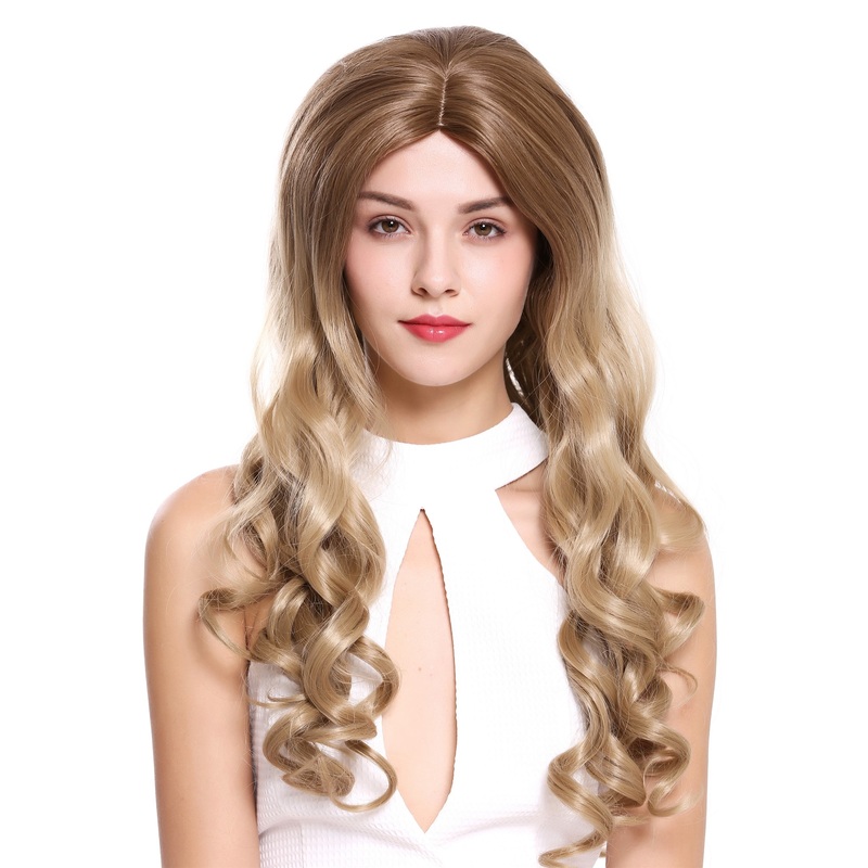 Lady wig long middle parting brown blonde highlights curls ringlets ZM-1707