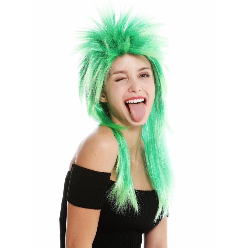 Party wig carnival punk mullet rocker wild 80’s wave long green mix DH1069