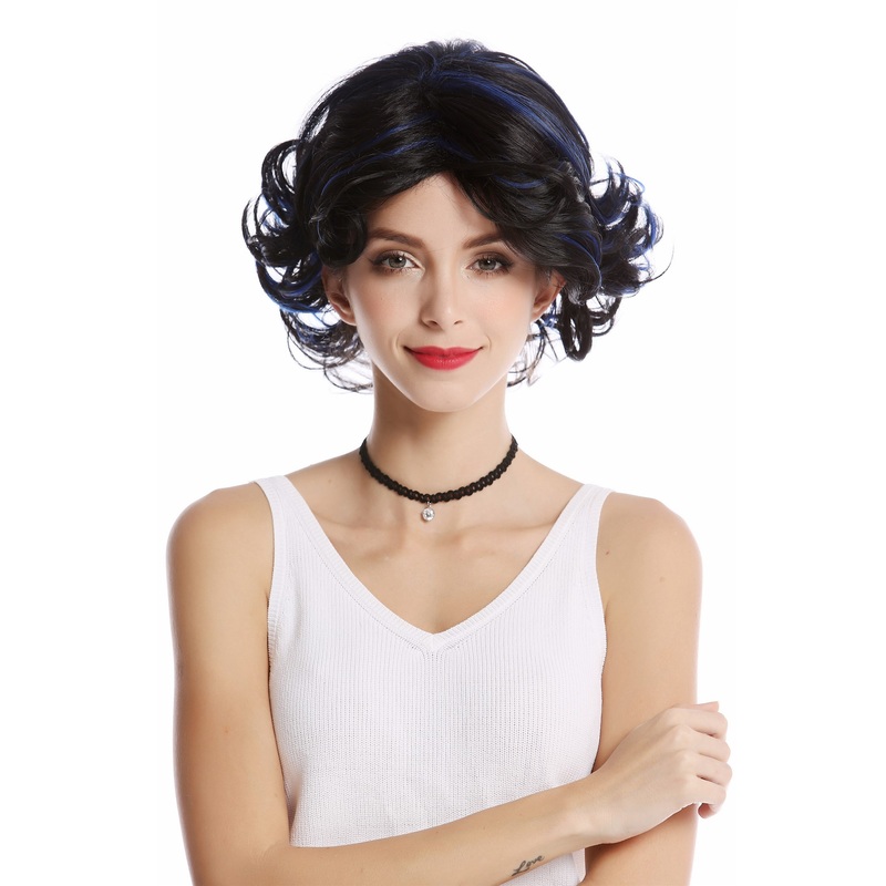 Lady wig short Bob Longbob curled tips 60s retro black blue streaks GF-W2414