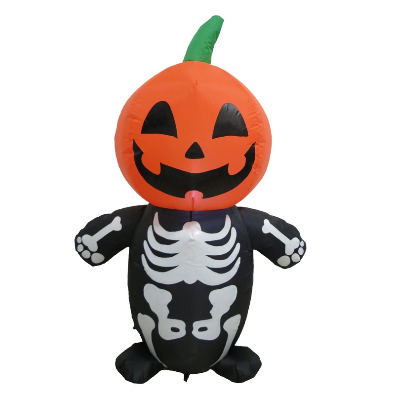 4FT Halloween Inflatables Pumpkin with Skull Body LED Lights Yard Decoration