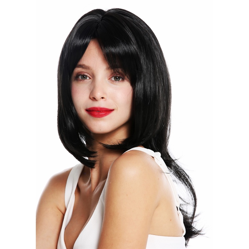 Women’s wig medium length long fringe layered sleek waved tips black VK-28