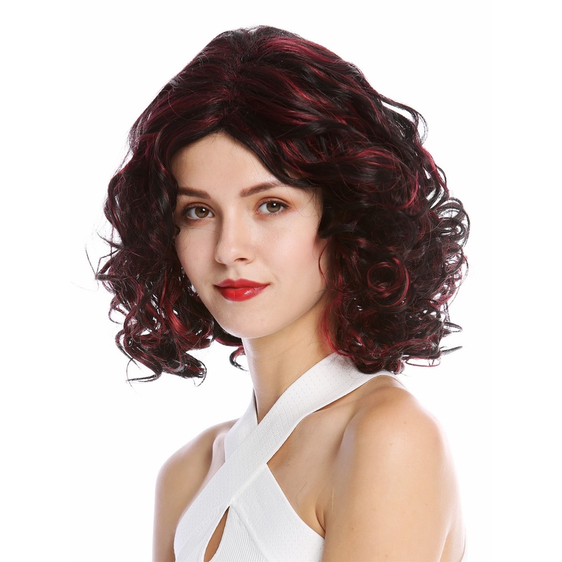 Lady wig shoulder length curls curled parting black red highlights GFW2128