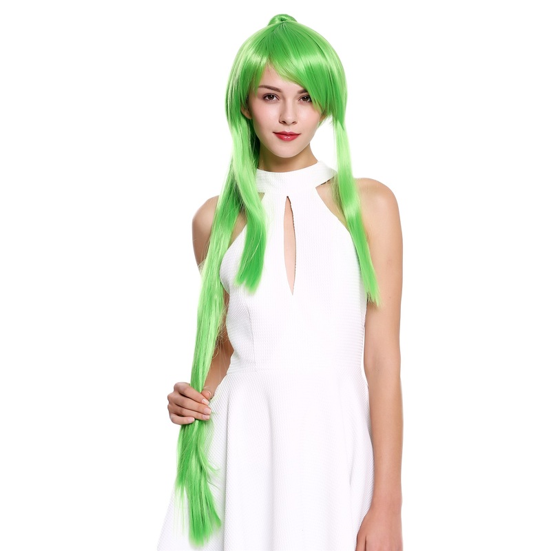 Lady Women Cosplay Wig long strands side removeable ponytail green YZF-7042+A