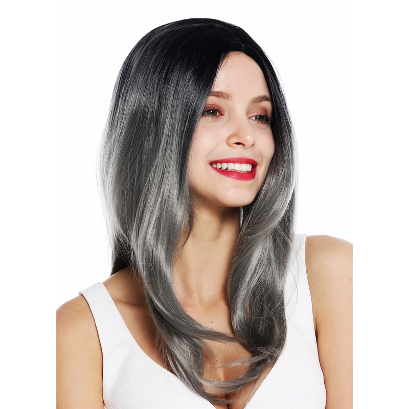 Women’s wig lady long sleek middle parting ombre balayage black grey ZM-1811