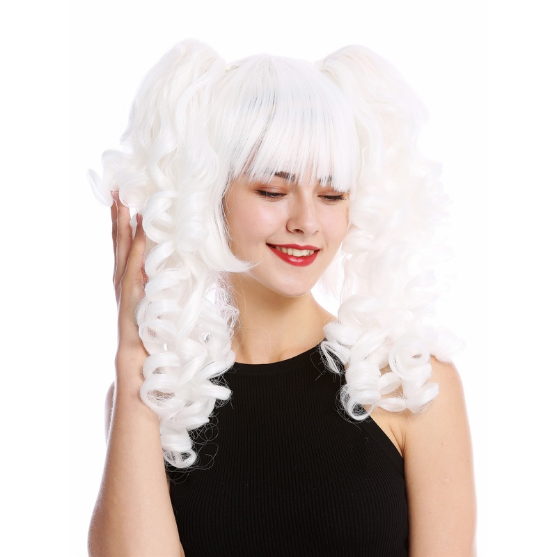 Lady Cosplay Wig bob + 2 ponytails curled bangs ringlets white YZF-7080+A