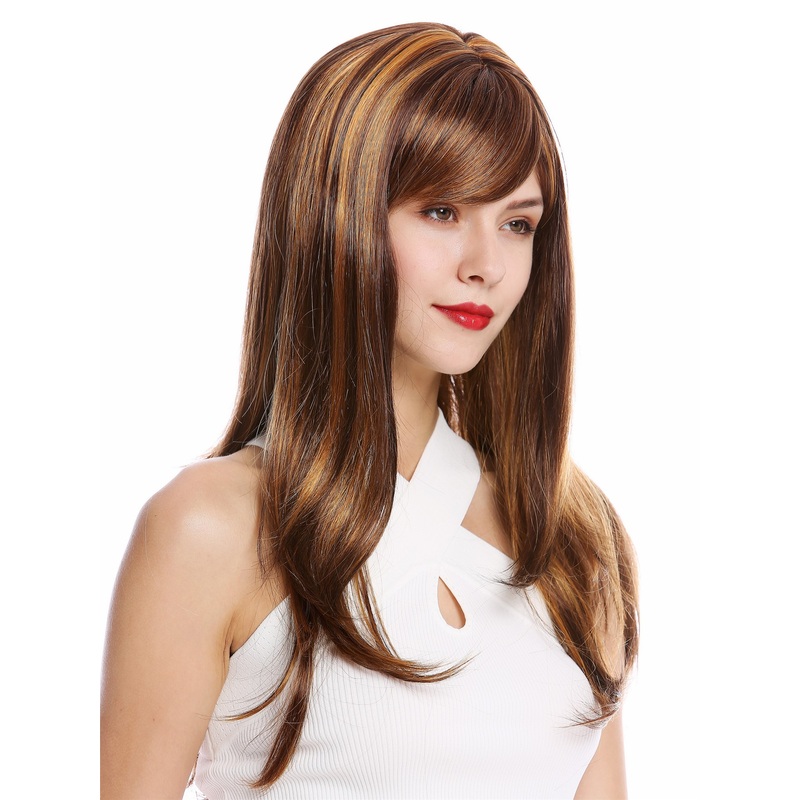Lady Wig Long Straight Bangs Fringe Brown Mix Streaked Highlights GFW2274