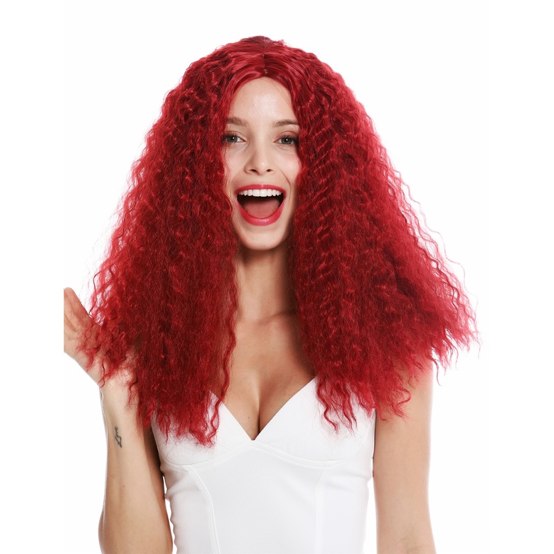 Lady wig very long voluminous frizzy curls middle parting bright red YZF-7304