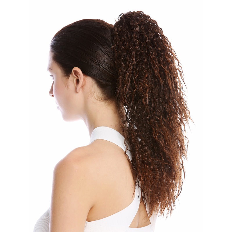 Ponytail Combs Clamp long voluminous curled kinks chestnut brown mix N609