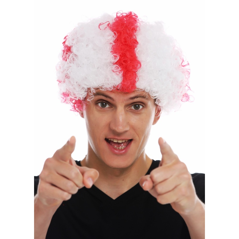 Wig afro fan-wig soccer football world cup England red cross on white MMAM-15M