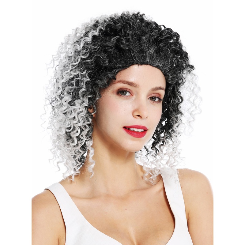 Women’s wig lady shoulder length frizzy curls black grey highlights ZM-1590