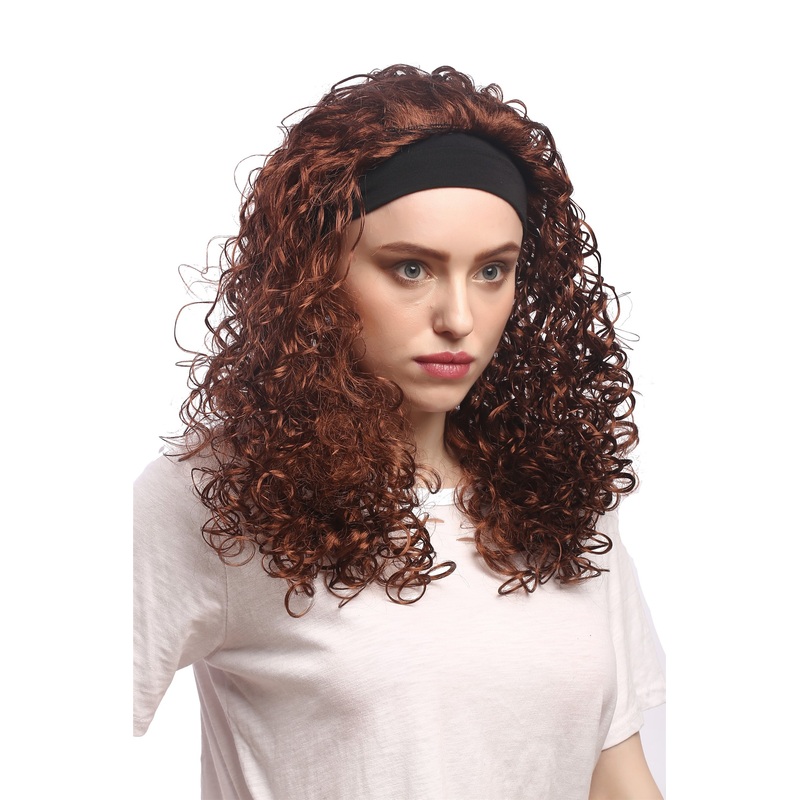 Lady Party Wig Halloween Curls Headband Volume Brown Caribbean 80s 90836