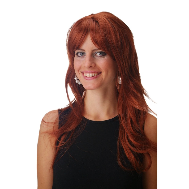 Lady wig long slightly wavy fringe parted sideways light copper red brown GFW242