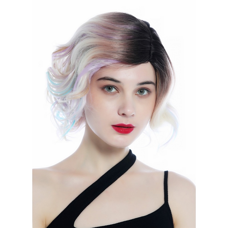 Ladies’ wig short wavy parting ombre dark brown streaked pastel colours DW3334