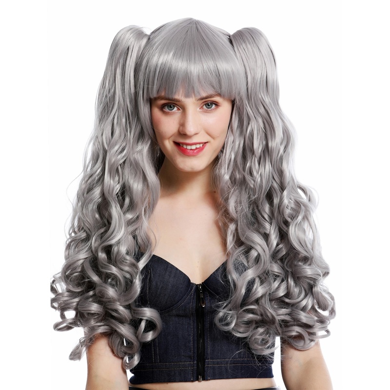 Lady Cosplay wig + 2 long curled ponytails pigtails grey gray YZF-7092L+A