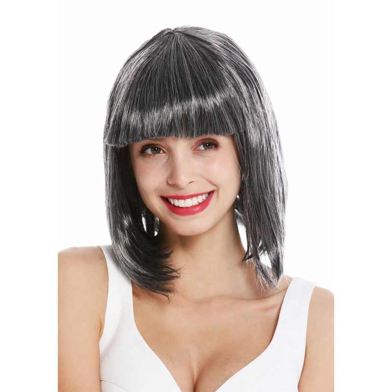 Lady Wig Halloween Disco bob longbob shoulder length bangs black grey mix 0073