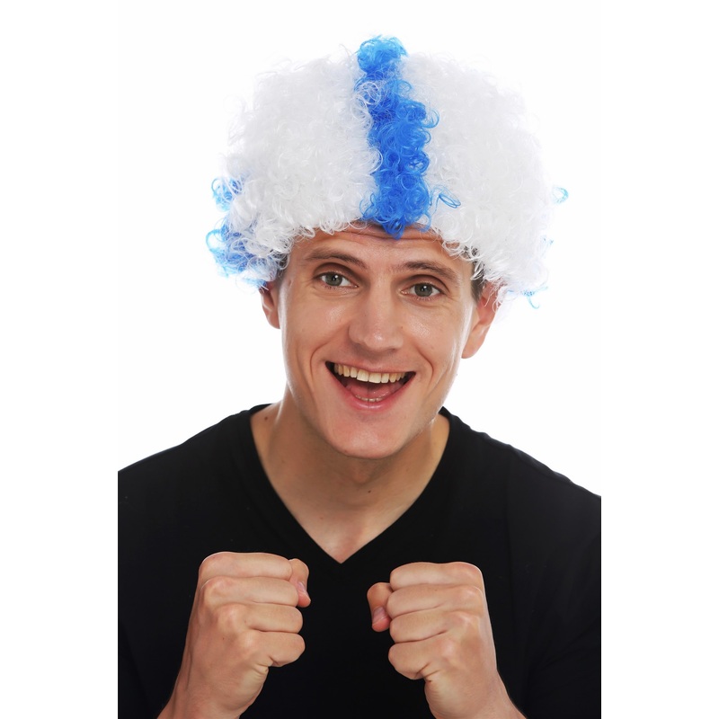 Wig afro soccer fan football Finland Suomi blue cross on white MMAM-15M