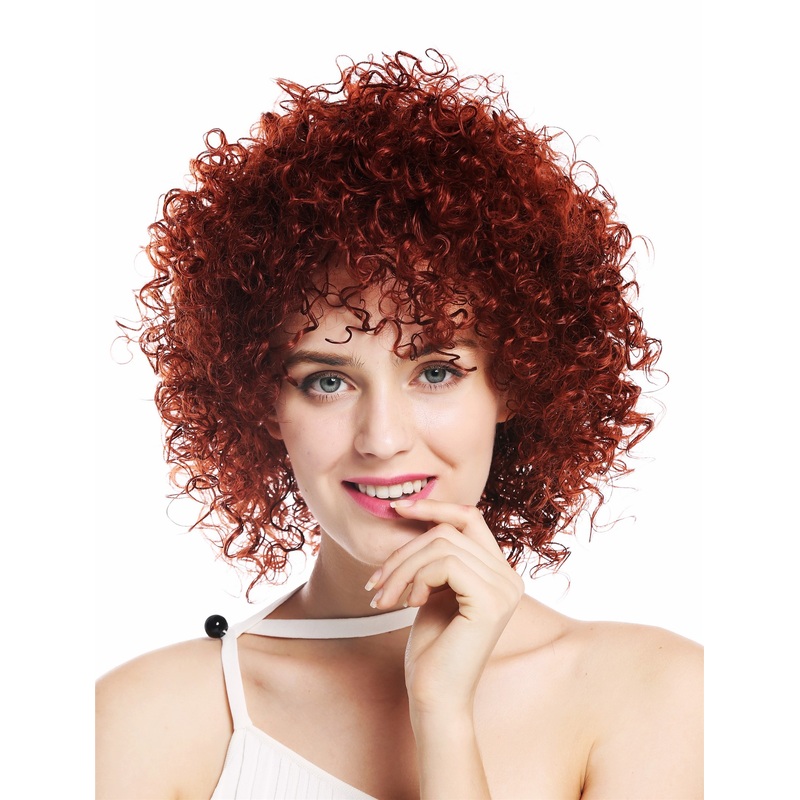 Women’s wig lady short voluminous frizzy curly curls dark copper red VK-11