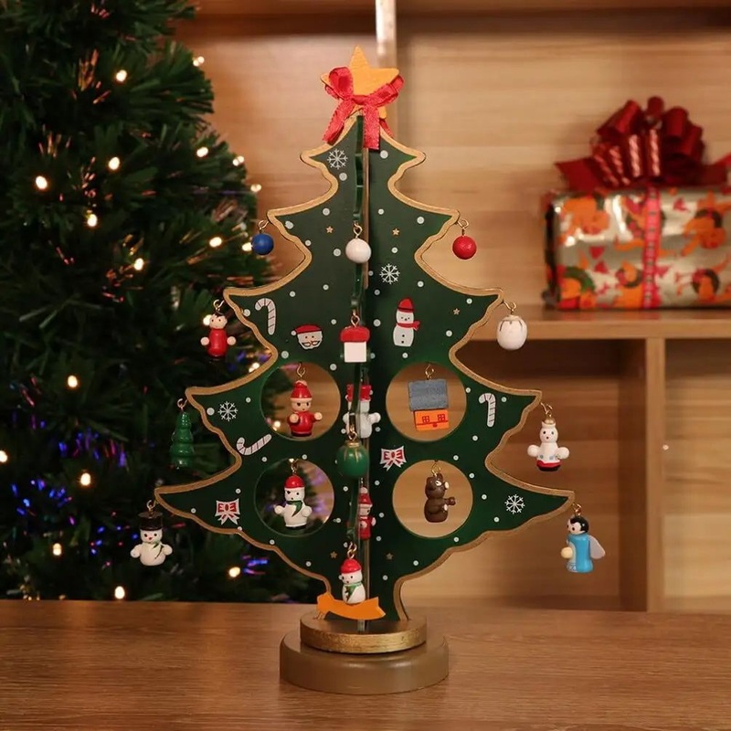 Wooden Christmas Tree Decoration Tabletop Christmas Tree with Mini Ornaments Wooden Base for Christmas Gifts Home Xmas Ornaments
