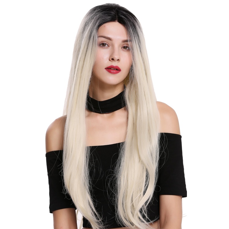 Lady wig lace front mono middle parting long straight ombre black blonde RSK-01