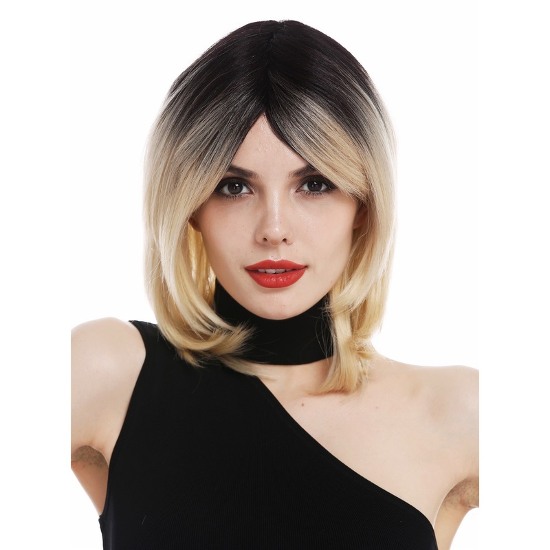 Lady wig shoulder length long bob parting sleek ombre black blonde RGF-6701