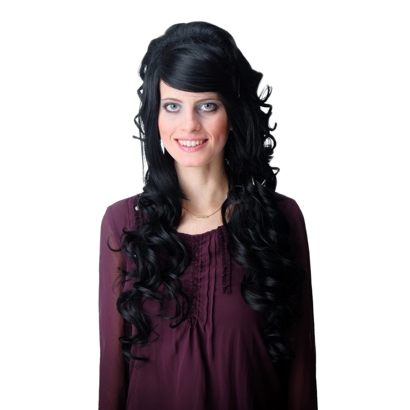 Lady wig elaborately styled long parting straight curled tips deep black F2558