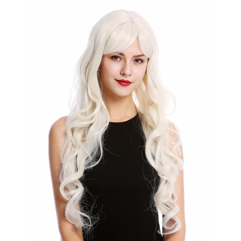 Lady wig women very long fringe bangs curls curled white blond platinum GFW501