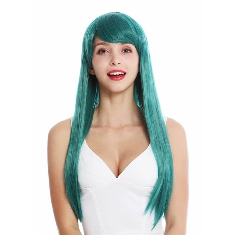 Women’s wig lady cosplay long sleek fringe parted dark turquoise green YZF-41062