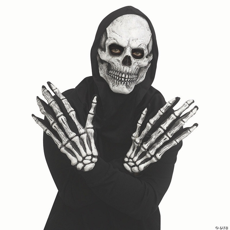 Adults Grey Skull Mask with Hood & Long-Fingered Gloves – One Size