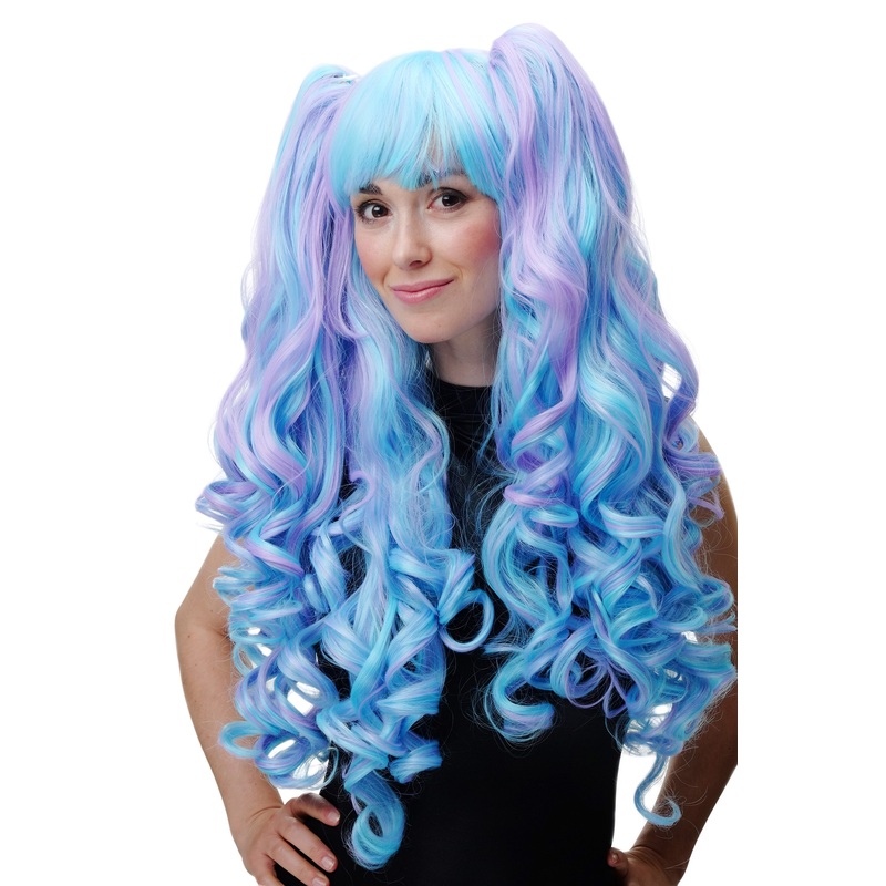 Cosplay Lolita Wig + 2 removeable ponytail long curled blue purple YZF-7092L